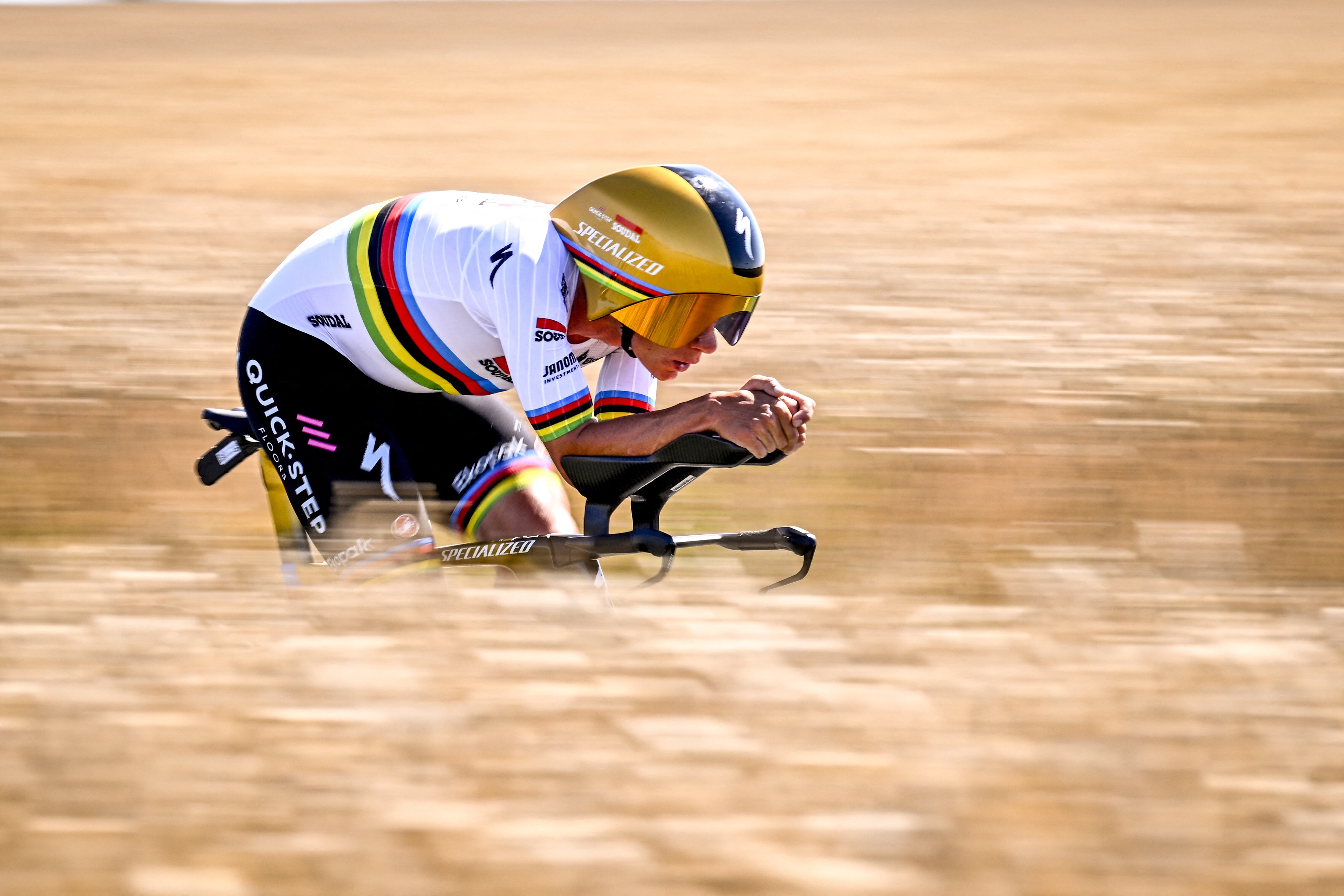 Belgian Remco Evenepoel of Soudal Quick-Step pictured in action during stage five of the 2025 Tour de France cycling, a 33km time trial in Caen, France on Wednesday 09 July 2025. The 112th edition of the Tour de France starts on Saturday 5 July in Lille, France, and will finish in Paris, France on the 27th of July. BELGA PHOTO JASPER JACOBS (Photo by JASPER JACOBS / BELGA MAG / Belga via AFP)