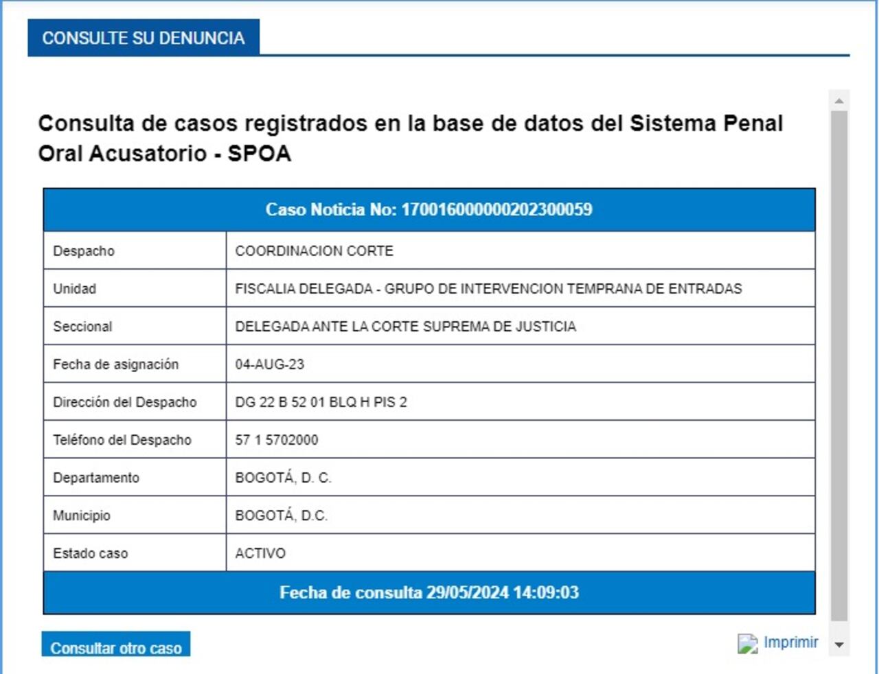 Radicado que confirma que el proceso donde aparece mencionado el nuevo comandante del Ejército está activo.