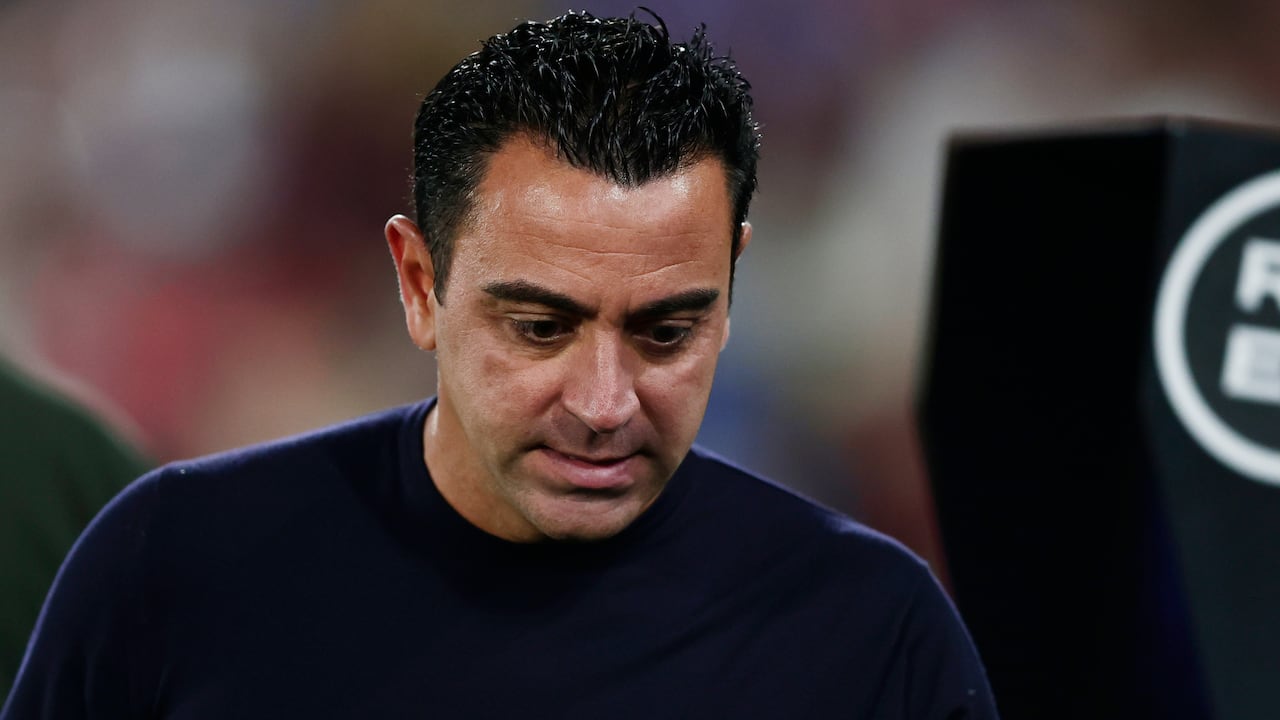 Barcelona's head coach Xavi Hernandez walks before the Spanish La Liga soccer match between Getafe and FC Barcelona at the Coliseum Alfonso Perez stadium in Getafe, Spain, Sunday, Aug. 13, 2023. (AP Photo/Alvaro Medranda)