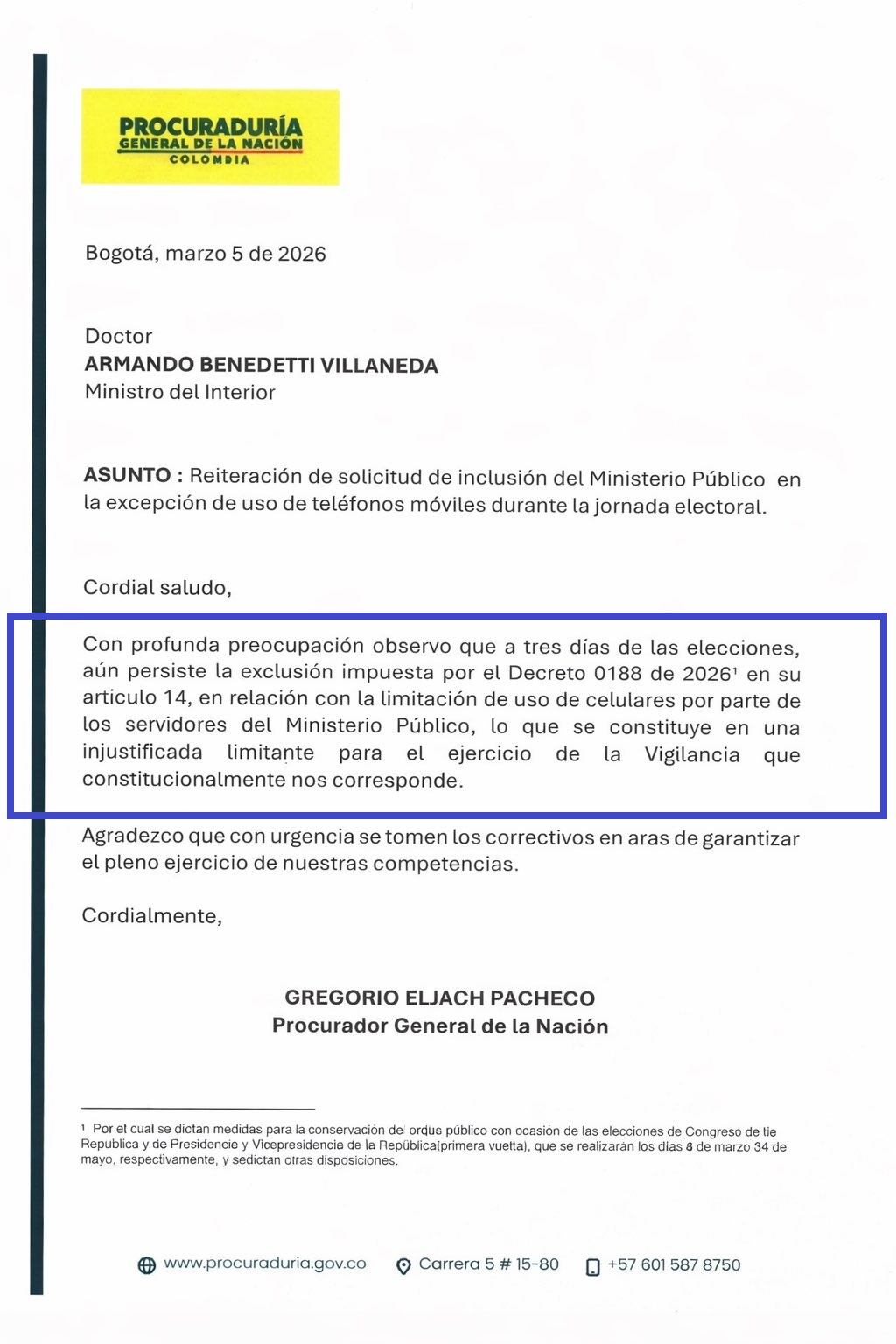 Procurador Gregorio Eljach le pide al MinInterior levantar prohibición de uso de celulares para funcionarios del Ministerio Público durante la jornada electoral