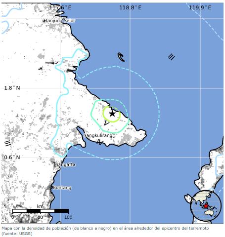 Mapa con la densidad de población (de blanco a negro) en el área alrededor del epicentro del terremoto