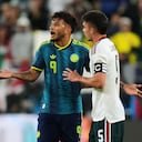 Colombia's Luis Suarez (9) reacts after receiving a yellow card during the first half of an international friendly soccer match against Mexico, Saturday, Sept. 26, 2026, in Baltimore. (AP Photo/Stephanie Scarbrough)