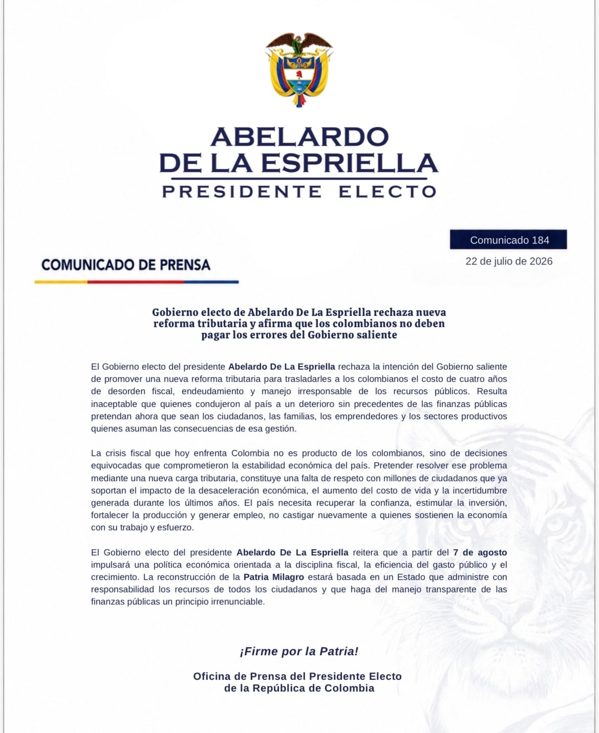 Comunicado equipo de Abelardo De La Espriella.
