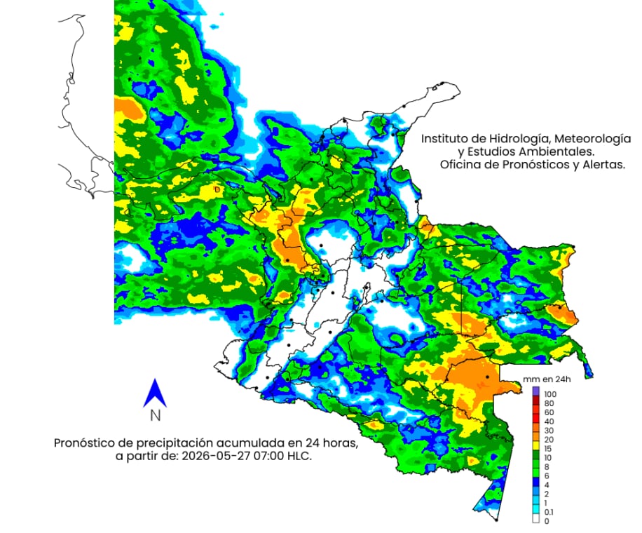 Mapa climático de Colombia para el miércoles 27 de mayo.
