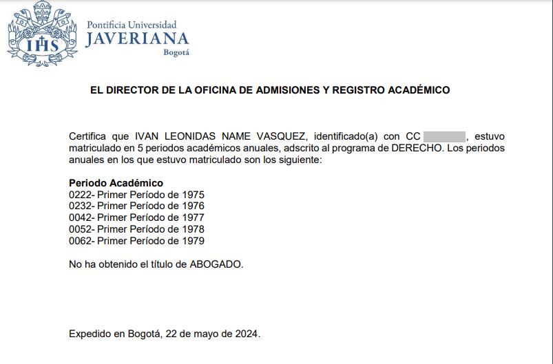 Derecho de petición sobre Iván Name respondido por la Universidad Javeriana.