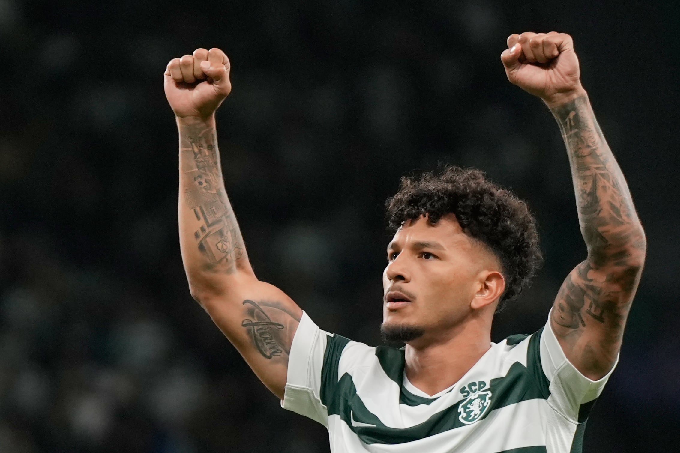 Sporting's Luis Suarez celebrates after scoring the opening goal during the Champions League opening phase soccer match between Sporting CP and LASK in Lisbon, Portugal, Wednesday, Oct. 21, 2026. (AP Photo/Ana Brigida)