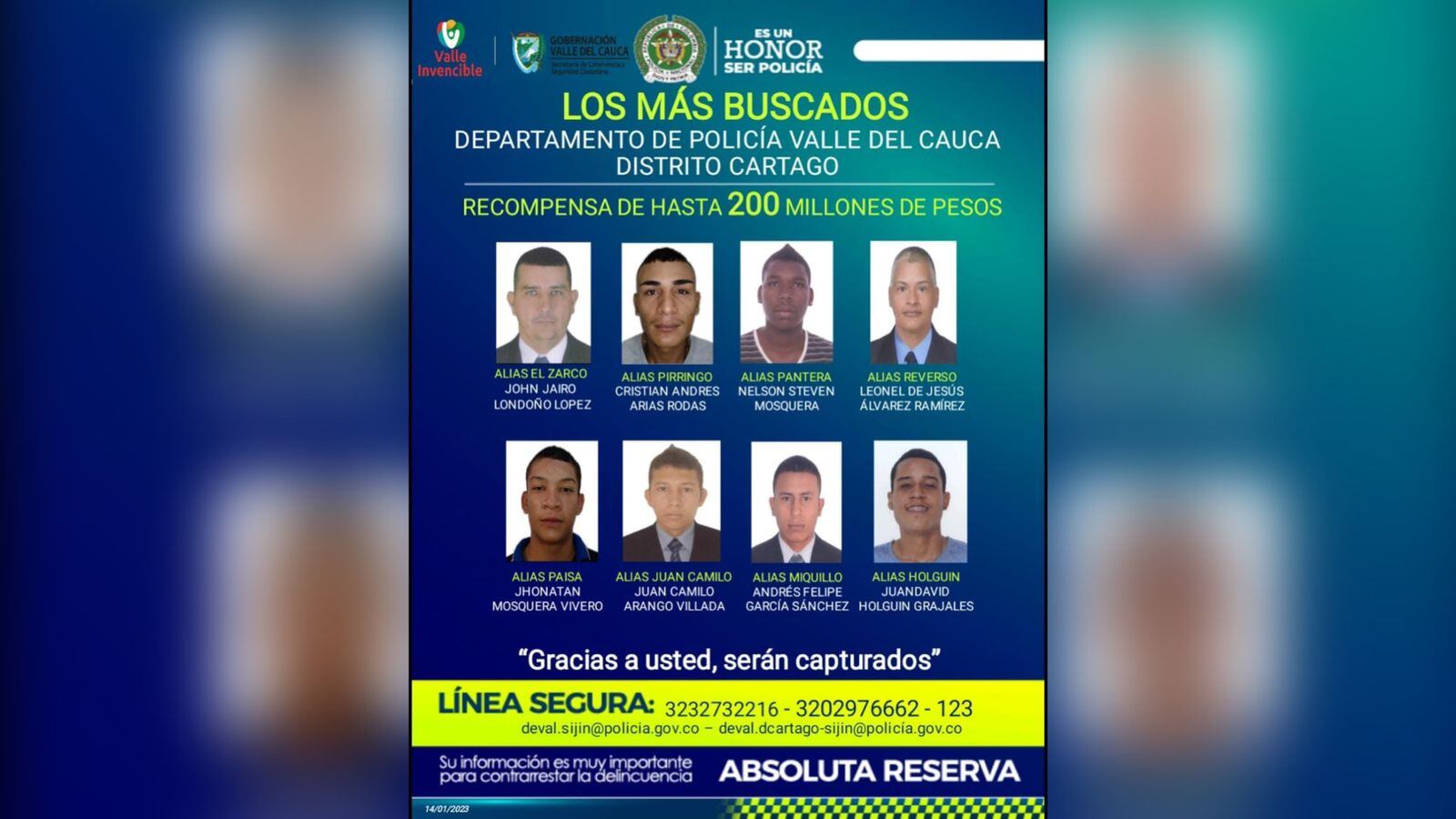 Según las autoridades, estos sujetos hacen parte de las bandas que tienen azotado al municipio de Cartago.