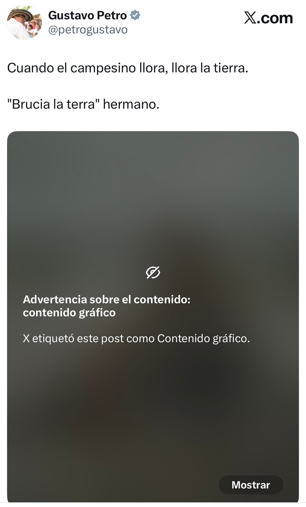 Mensaje del presidente Gustavo Petro en X