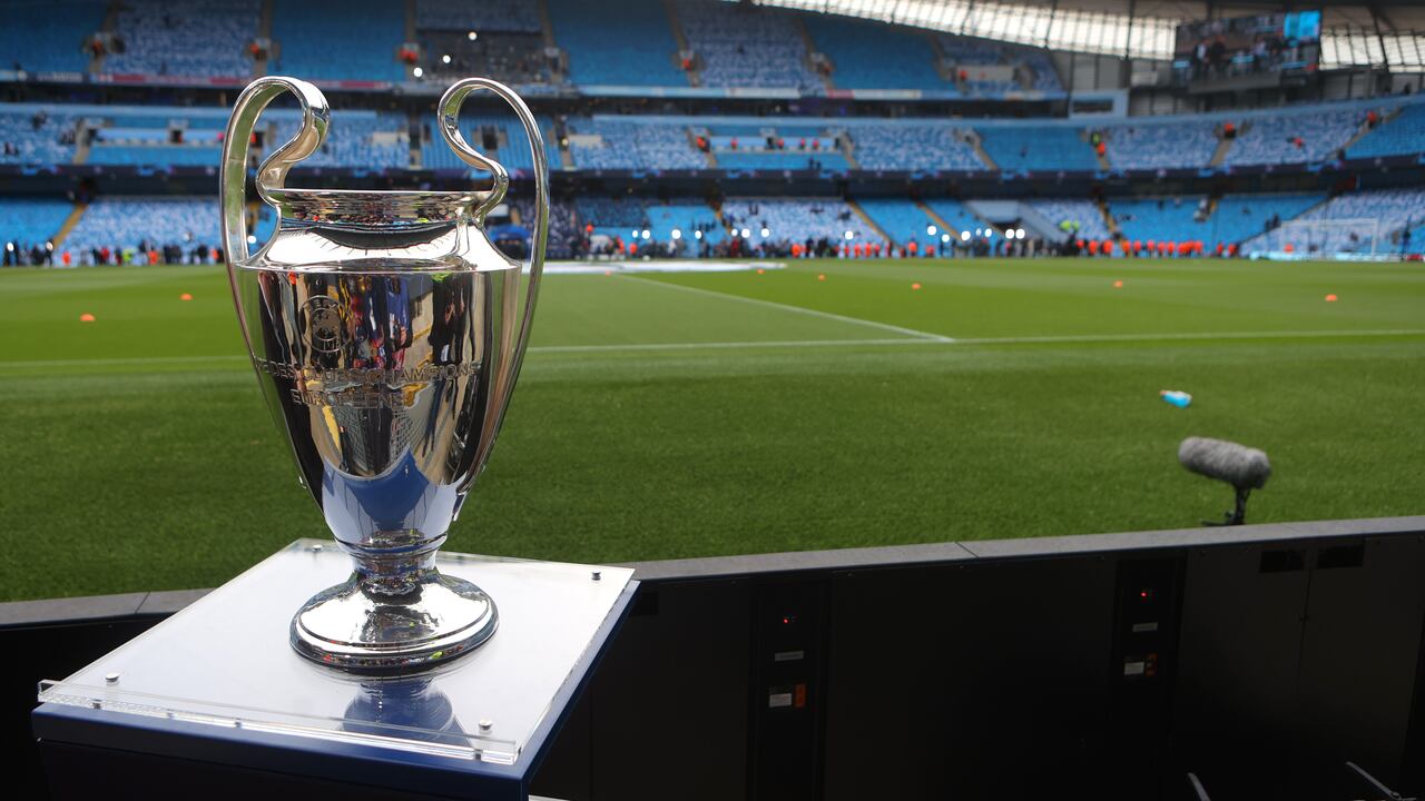 MANCHESTER, ENGLAND - MAY 17: The Champions League Trophy on display ahead of the UEFA Champions League semi-final second leg match between Manchester City FC and Real Madrid at Etihad Stadium on May 17, 2023 in Manchester, England. (Photo by James Gill - Danehouse/Getty Images)