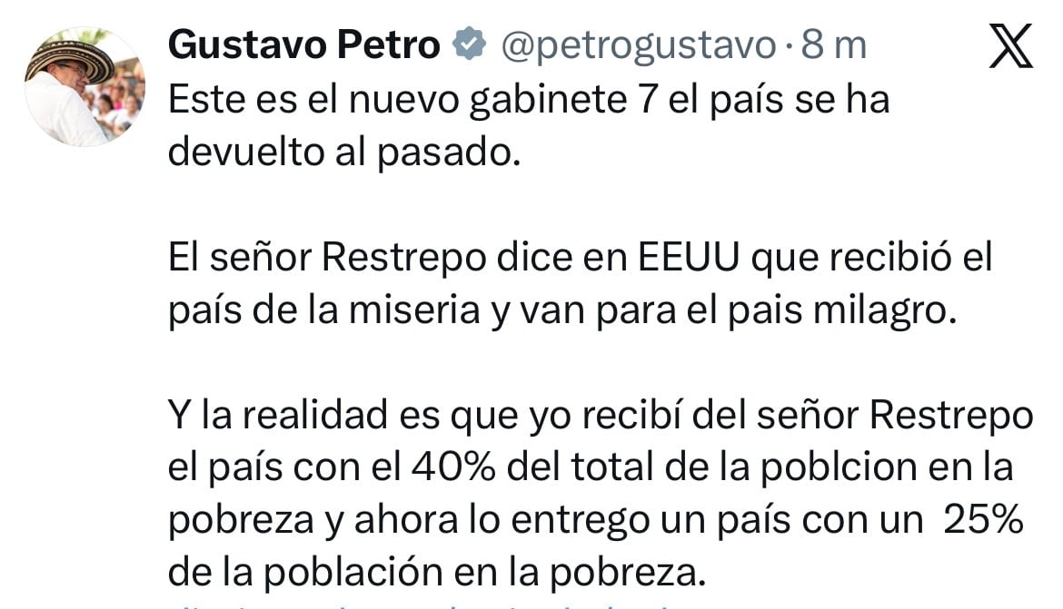 Mensaje en X del presidente saliente Gustavo Petro.