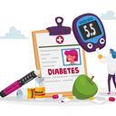 Pequeño personaje femenino médico inserte la muestra con sangre en el medidor de glucosa digital para controlar la enfermedad diabética. Enorme botella de medicina, bolígrafo de insulina y solicitud para una vida sana. Ilustración vectorial de dibujos animados