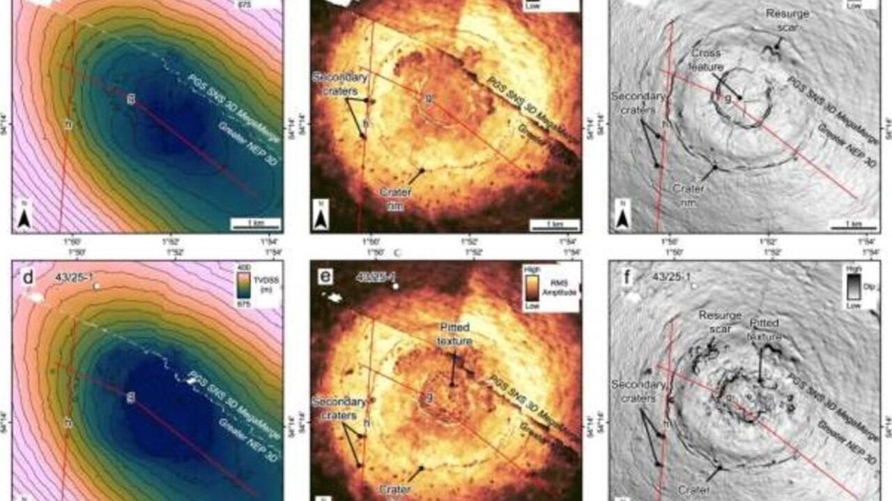 Morfología de la superficie del cráter y atributos sísmicos de los horizontes en el fondo del cráter.