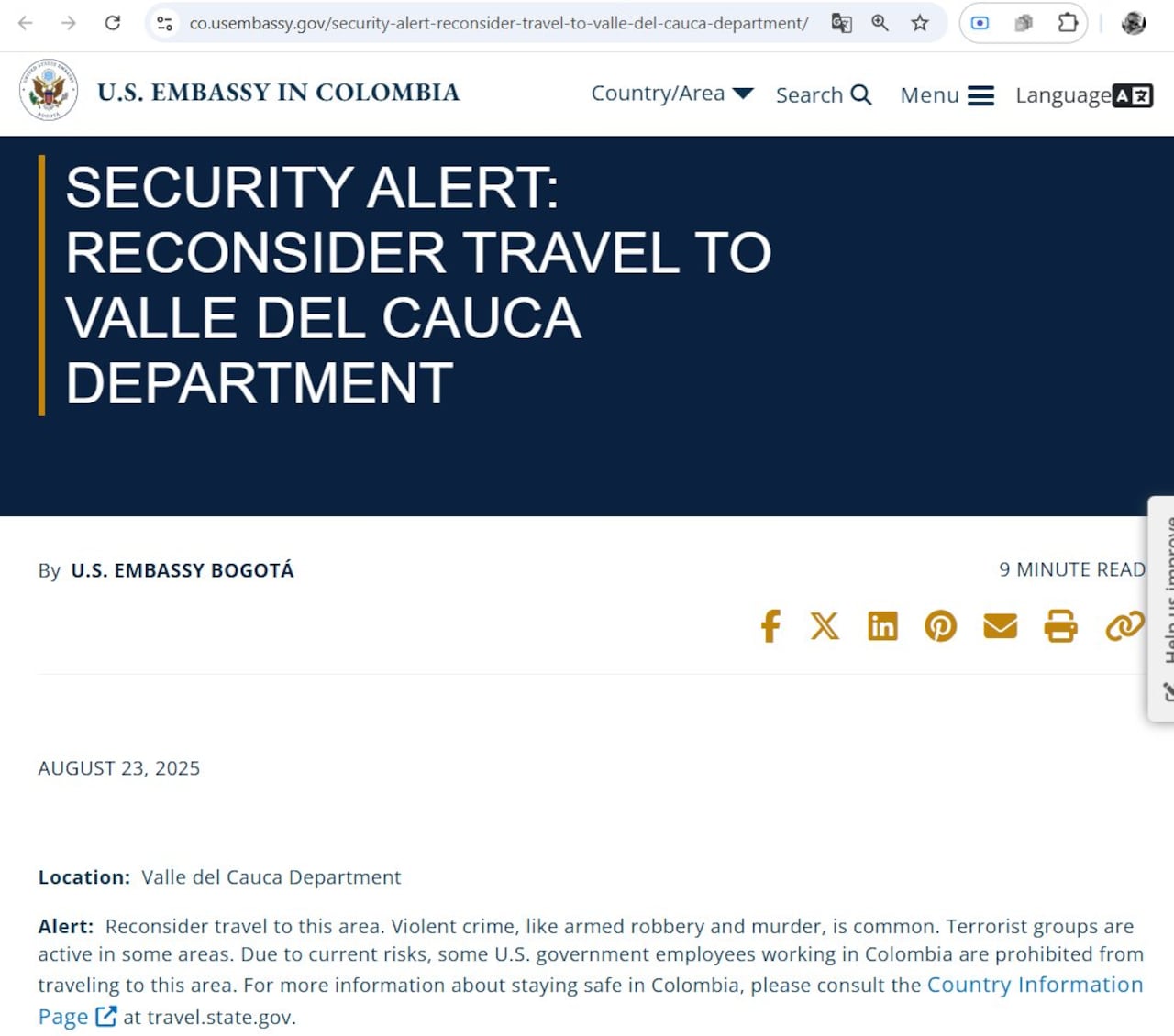 El anuncio fue emitido a través de la página web de la embajada.