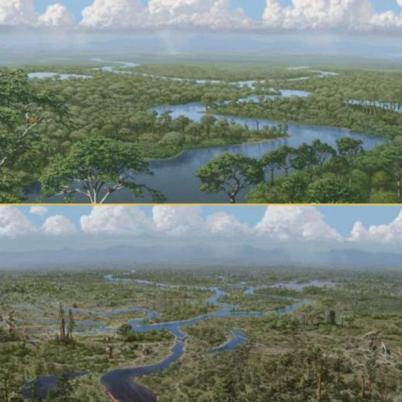 Los dinosaurios eran "ingenieros de ecosistemas", impidiendo el crecimiento de bosques densos. Su repentina desaparición provocó cambios ecológicos a gran escala, como se representa aquí en una representación artística.