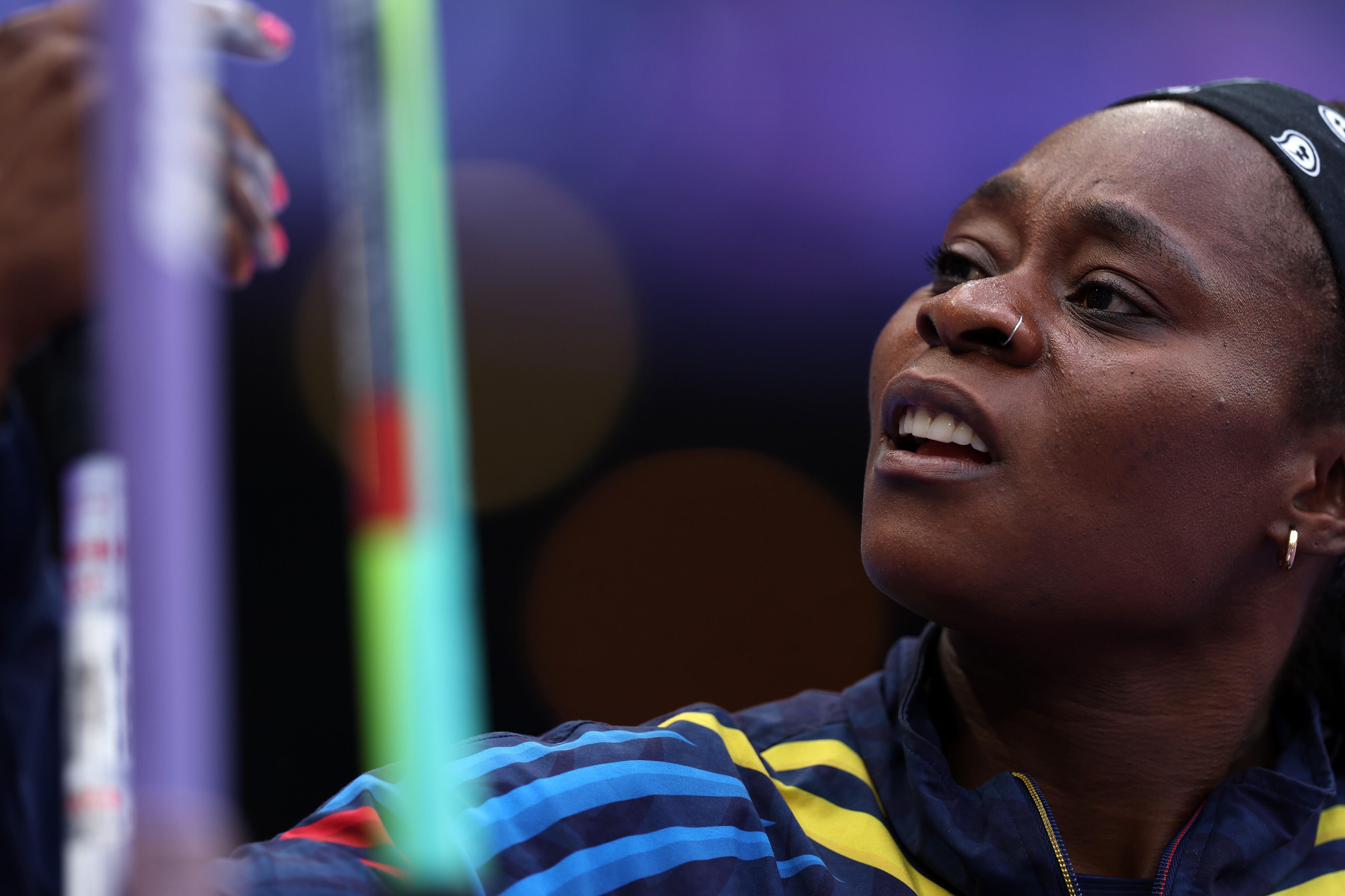 PARIS, FRANCE - AUGUST 07: Flor Denis Ruiz Hurtado of Team Colombia looks on during the Women's Javelin Throw Qualification on day twelve of the Olympic Games Paris 2024 at Stade de France on August 07, 2024 in Paris, France. (Photo by Christian Petersen/Getty Images)