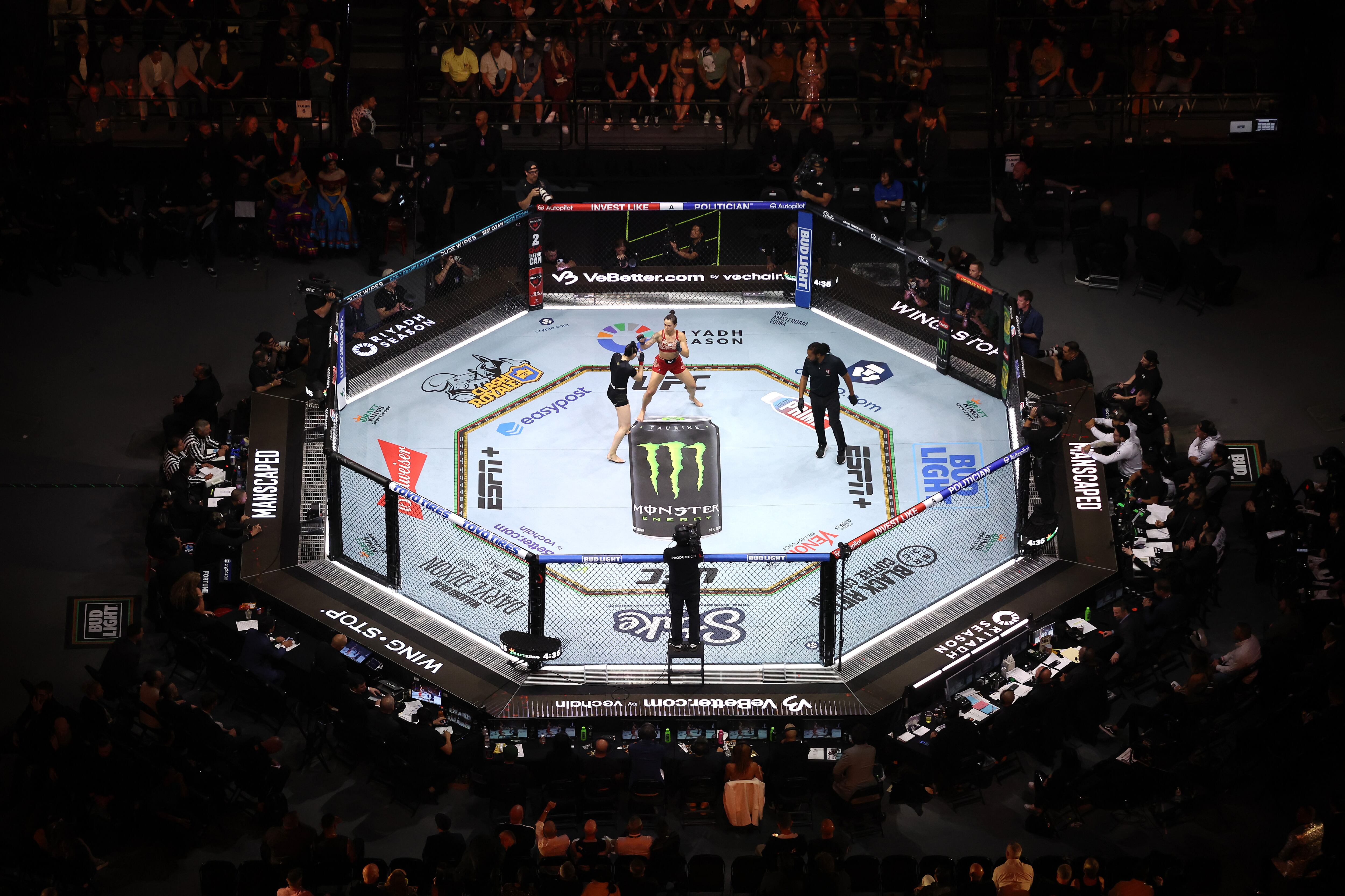 LAS VEGAS, NEVADA - SEPTEMBER 14: (L-R) Irene Aldana of Mexico fights Norma Dumont of Brazil during UFC 306: Riyadh Season Noche at Sphere on September 14, 2024 in Las Vegas, Nevada. (Photo by Christian Petersen/Getty Images)