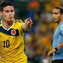 James Rodríguez celebrando su segundo gol a Uruguay en octavos de final.