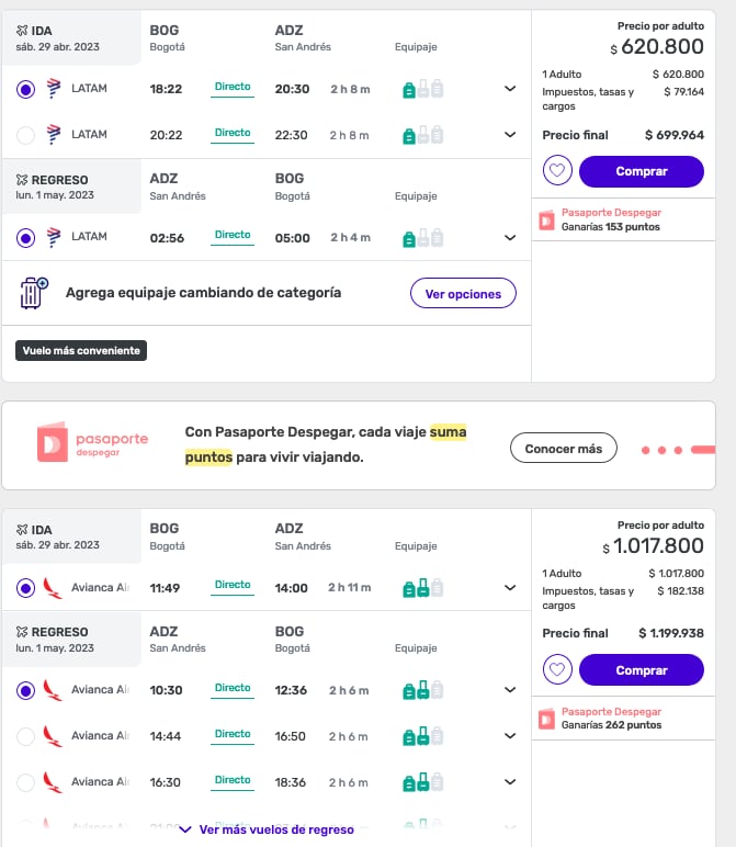 Consulta de un vuelo de Bogotá a San Andrés en el festivo del primero de mayo
