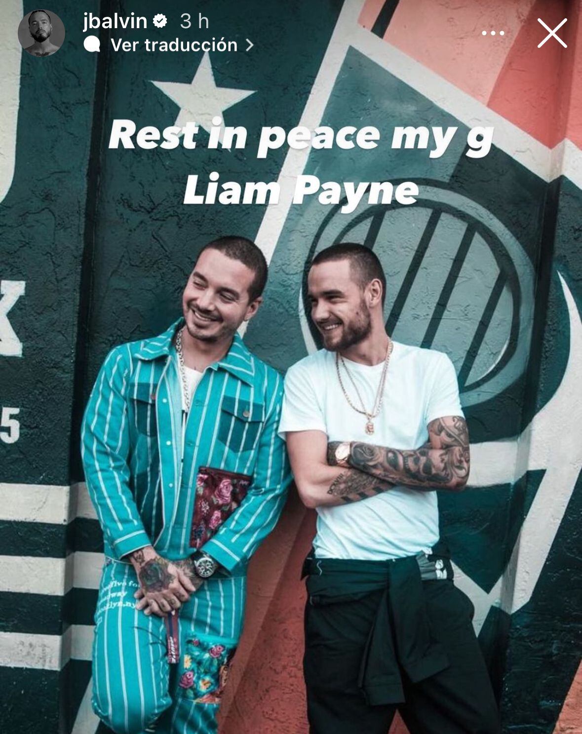 La publicación con la que J Balvin despidió a Liam Payne al enterarse de su fallecimiento.