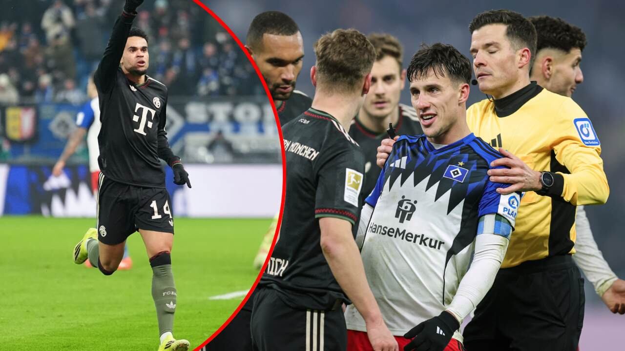 Luis Díaz celebra el gol contra Hamburgo / Nicolás Capaldo enfrenta a jugadores del Bayern.