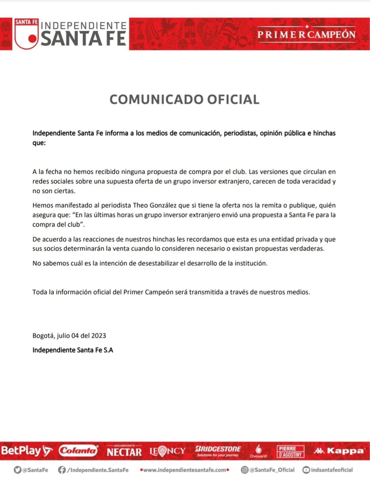 Este es el comunicado oficial de Independiente Santa Fe