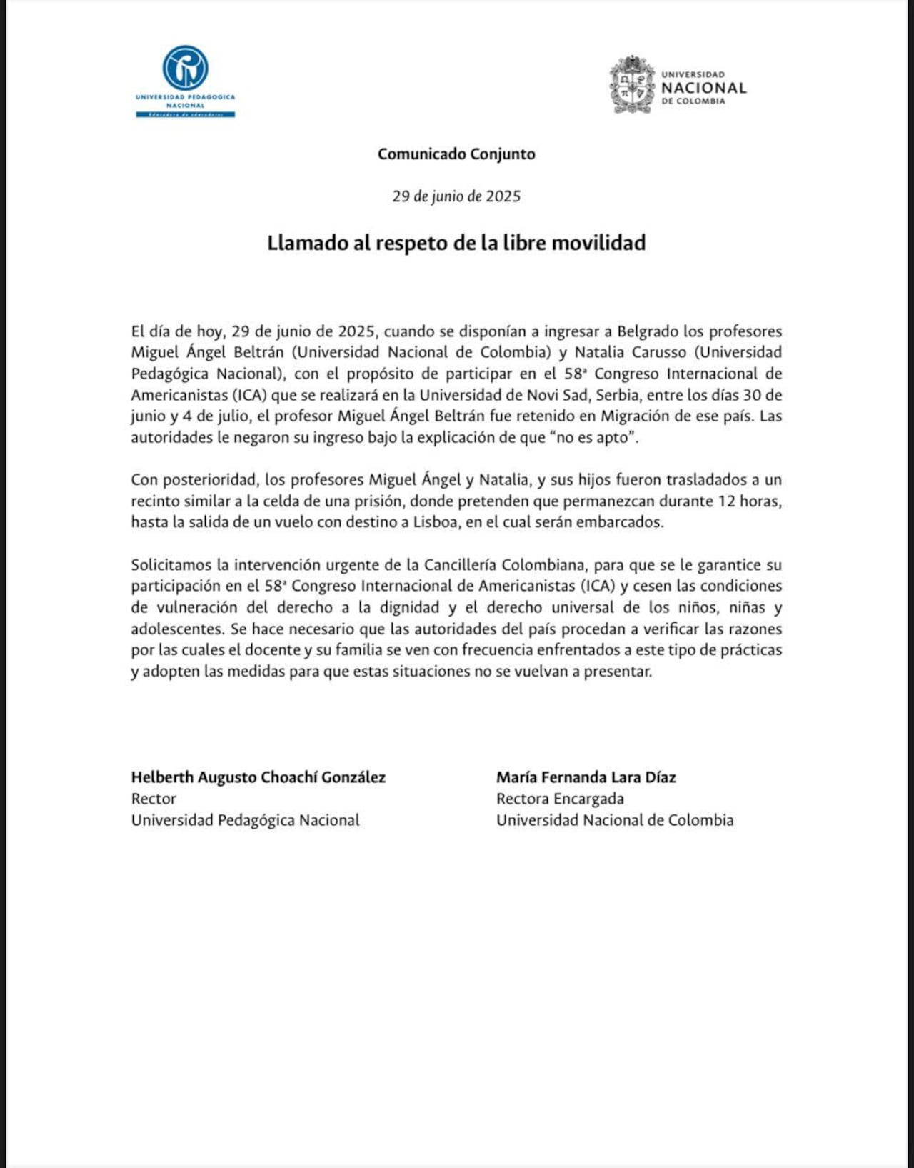 Comunicado sobre detención del profesor Miguel Ángel Beltrán en Serbia.