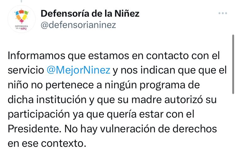 La Defensoría de la Niñez señaló, que "el niño no pertenece a ningún programa de dicha institución y que su madre autorizó su participación ya que quería estar con el Presidente".