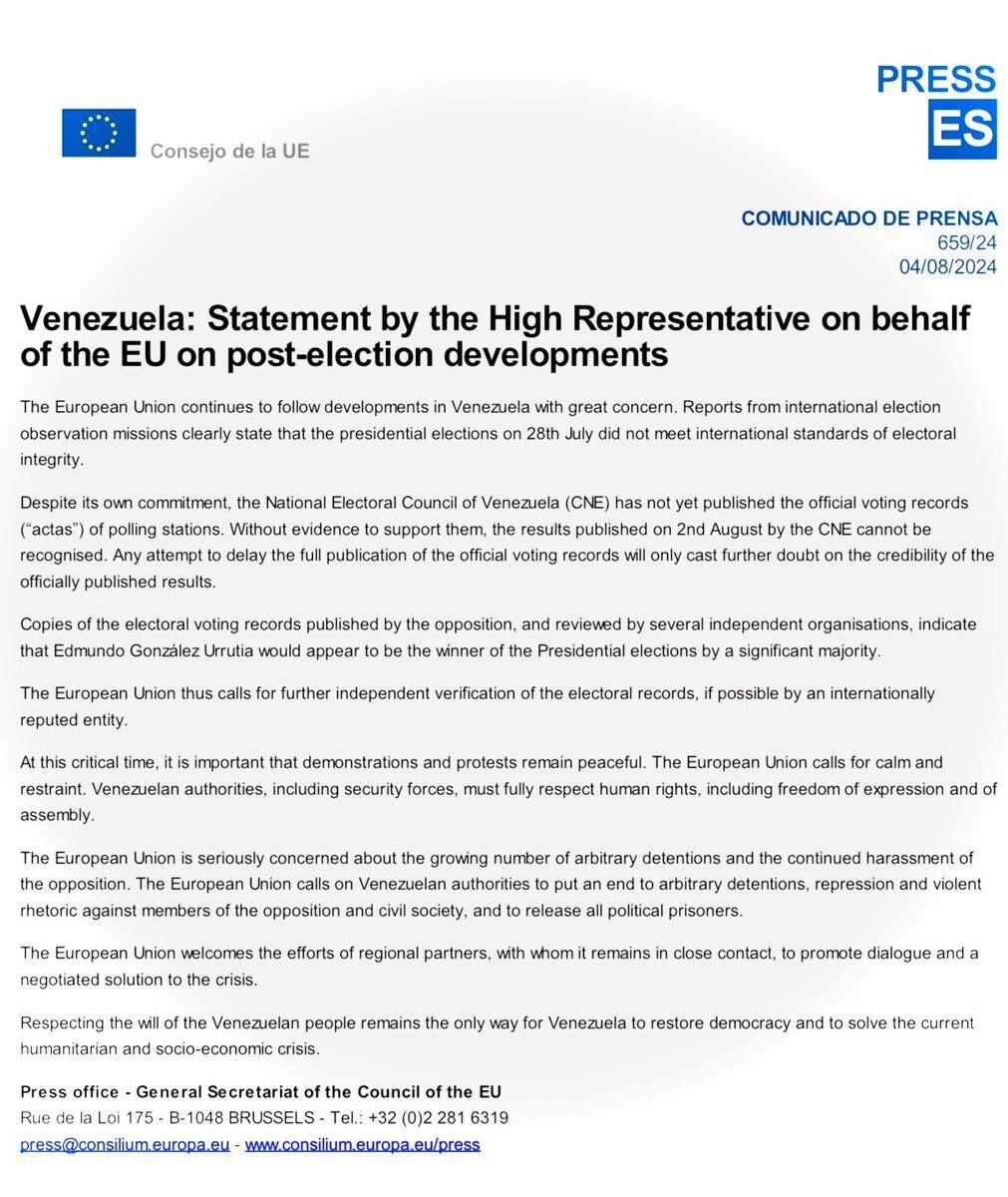 Comunicado de la Unión Europea sobre Venezuela: “Sin pruebas que los respalden, los resultados publicados por el CNE no puede  ser reconocidos”