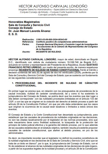 El Presidente Gustavo Petro interpuso recurso de nulidad para tumbar las decisiones del CNE en su contra