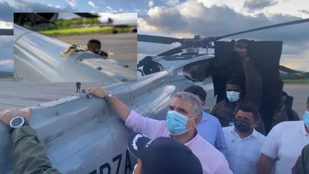 El presidente inspecciona el helicóptero en el que viajaba y que fue atacado a tiros en Sardinata, Norte de Santander.