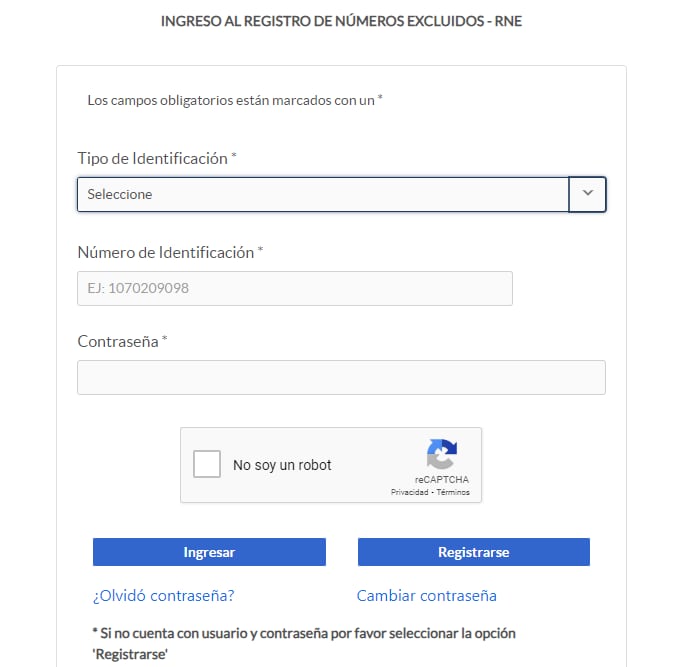 Registro de Números Excluidos (RNE) de la página de Tramites CRC