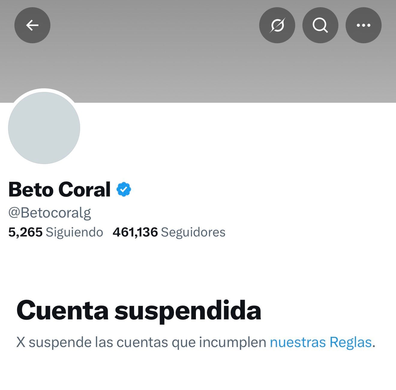 Aviso en X de la cuenta suspendida a Beto Coral.