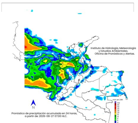Mapa climatológico de Colombia para el jueves 28 de agosto.