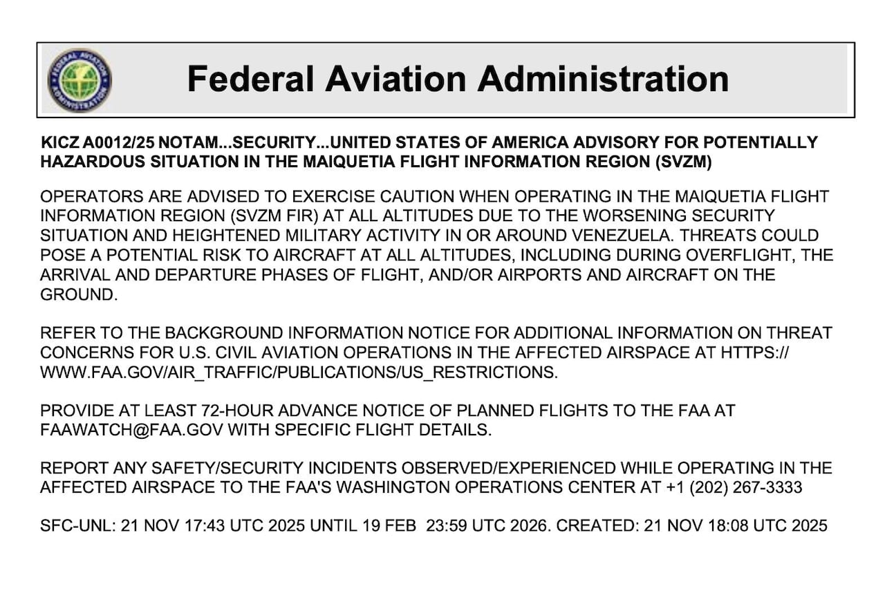 La FAA alertó sobre una “situación potencialmente peligrosa” en el FIR Maiquetía.