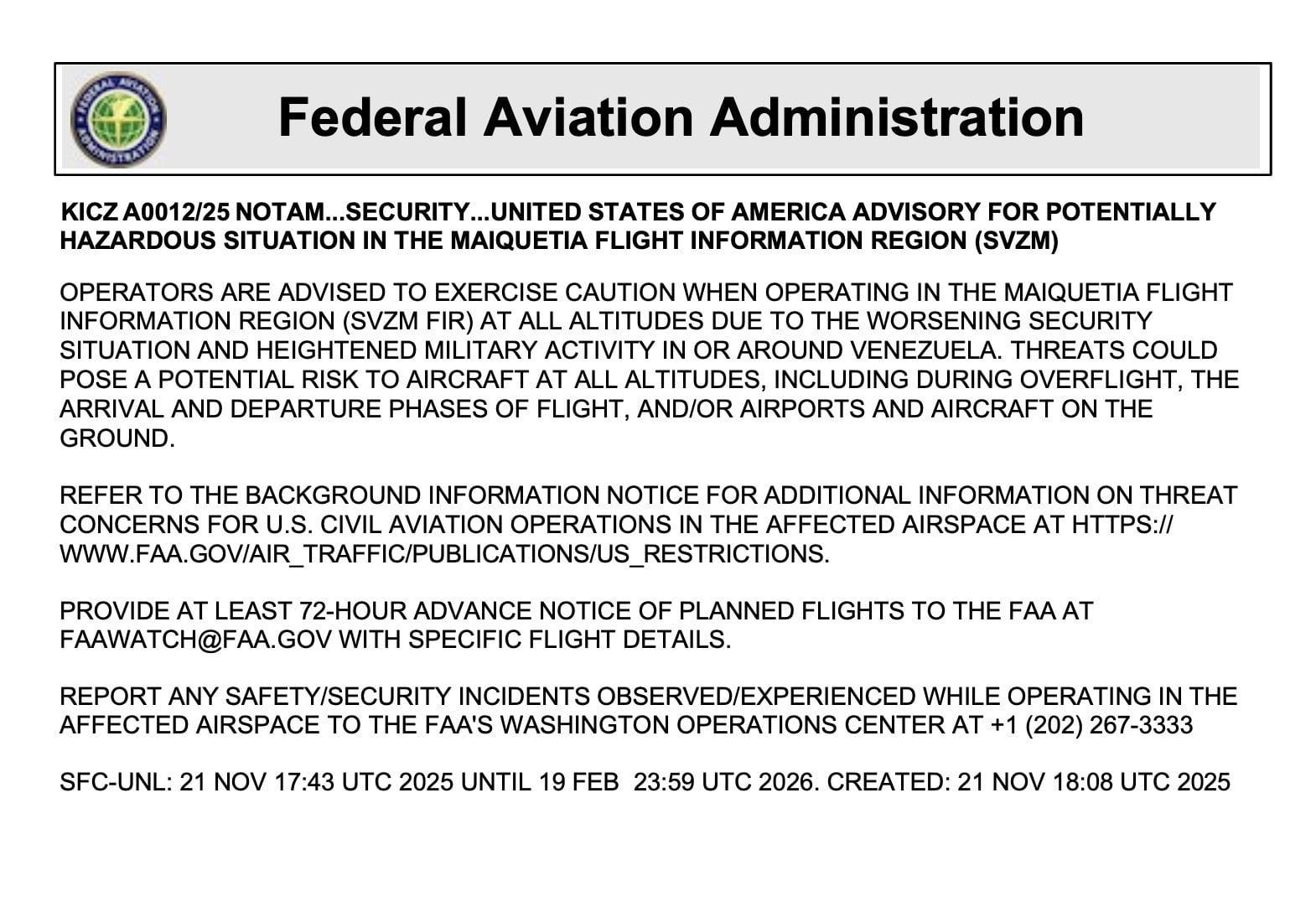 La FAA alertó sobre una “situación potencialmente peligrosa” en el FIR Maiquetía.