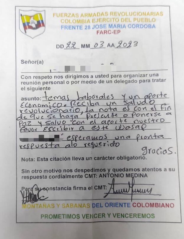 En Casanare las disidencias de las Farc entregan “paz y salvo” a víctimas de extorsiones