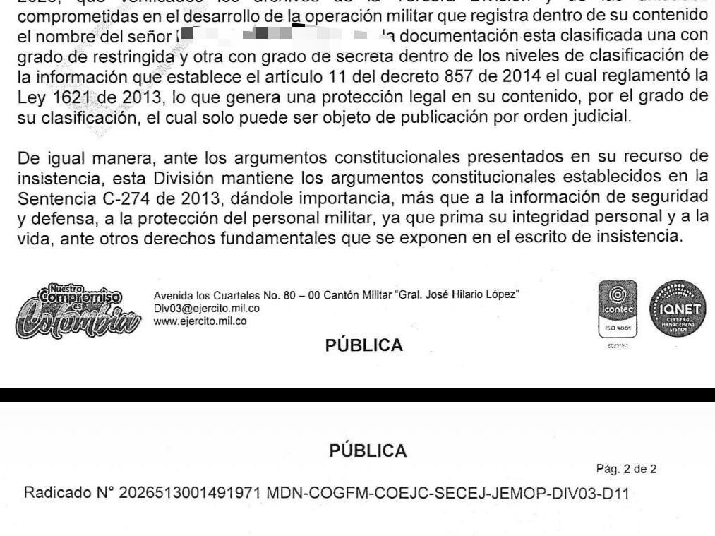 Documento donde el Ejército indica que la información sobre el caso del general Federico Mejía y el presunto traficante de cocaína es secreta.