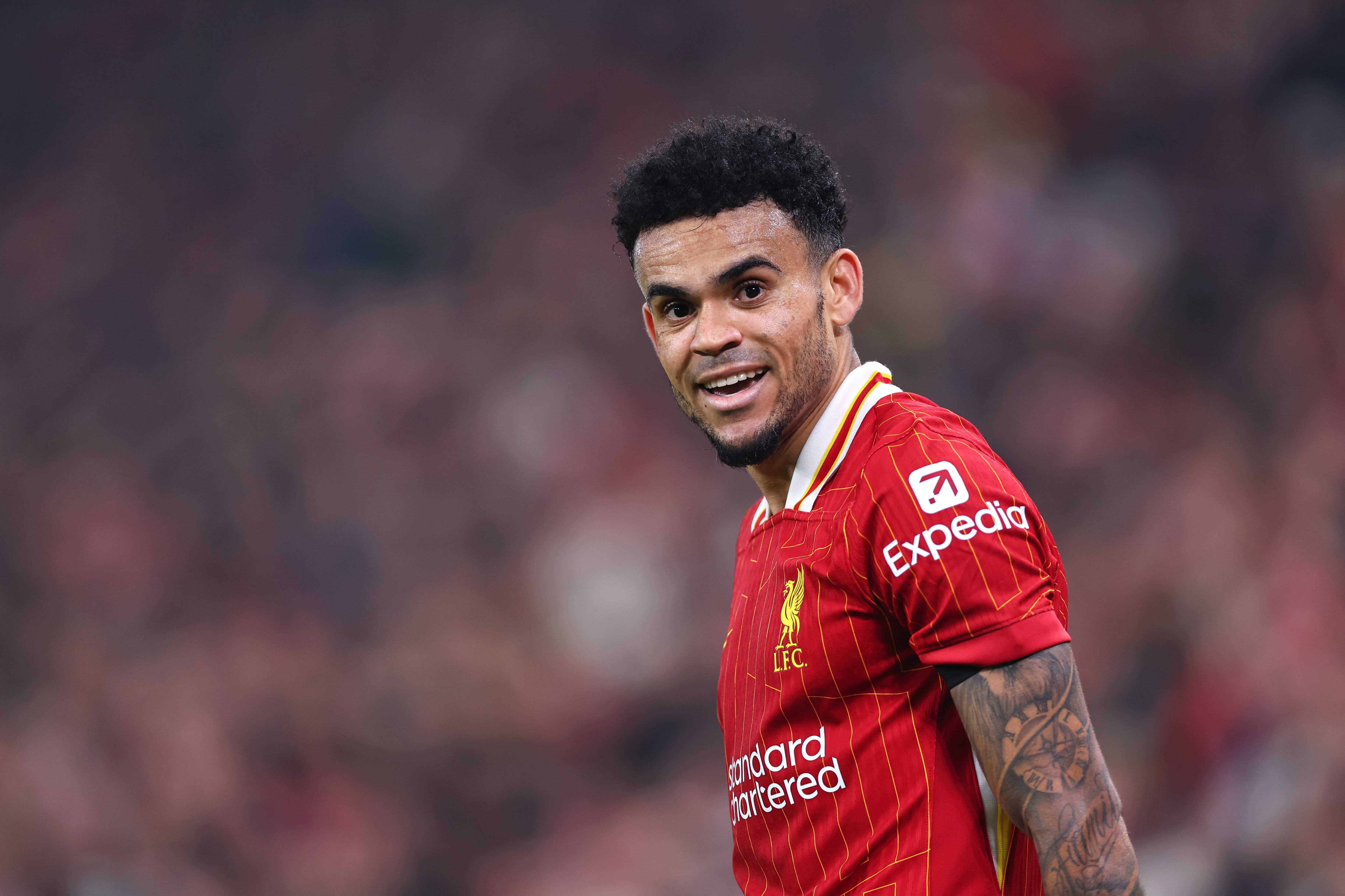 LIVERPOOL, ENGLAND - NOVEMBER 5: Luis Diaz of Liverpool during the UEFA Champions League 2024/25 League Phase MD4 match between Liverpool FC and Bayer 04 Leverkusen at Anfield on November 5, 2024 in Liverpool, England. (Photo by Robbie Jay Barratt - AMA/Getty Images)