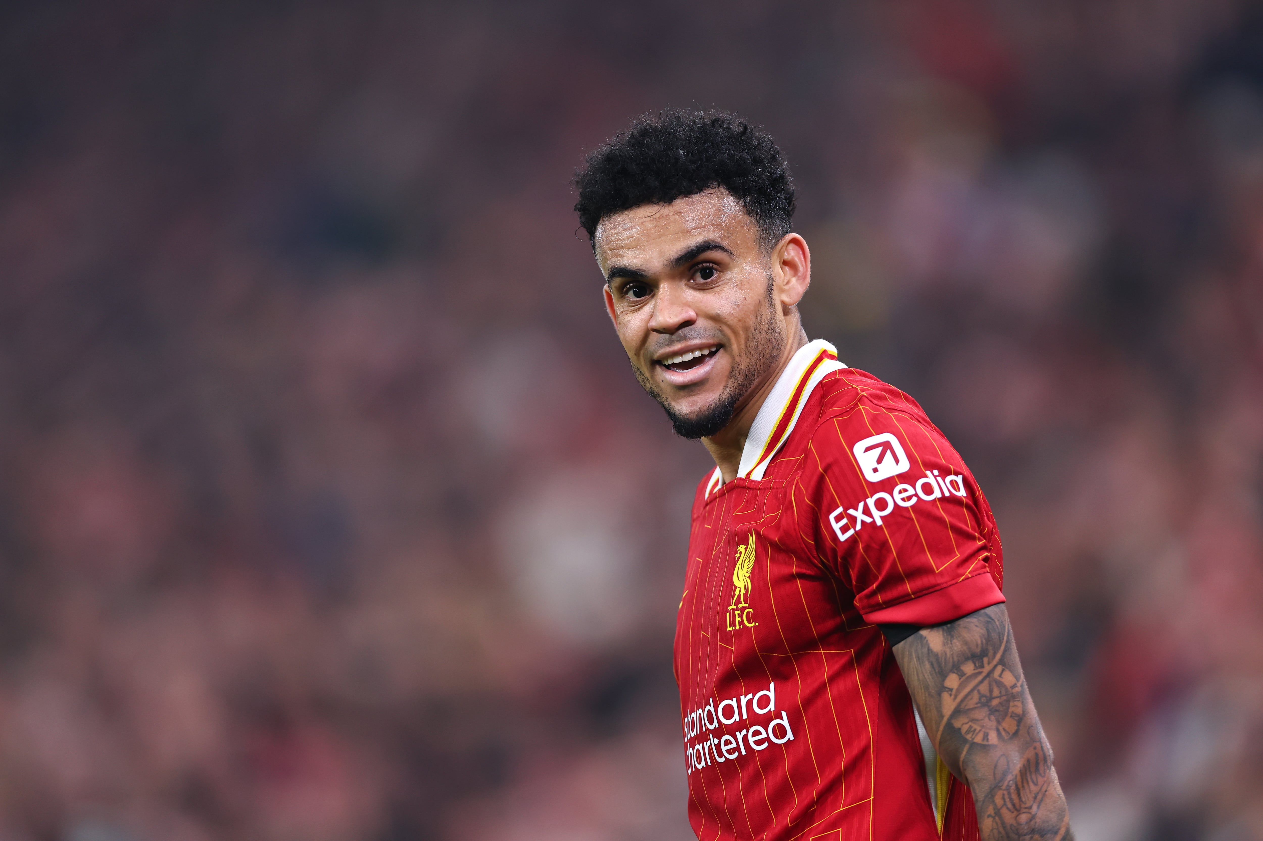 LIVERPOOL, ENGLAND - NOVEMBER 5: Luis Diaz of Liverpool during the UEFA Champions League 2024/25 League Phase MD4 match between Liverpool FC and Bayer 04 Leverkusen at Anfield on November 5, 2024 in Liverpool, England. (Photo by Robbie Jay Barratt - AMA/Getty Images)