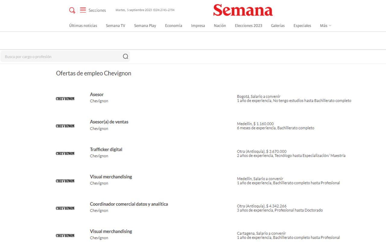 Ofertas de empleo de Chevignon en Colombia.