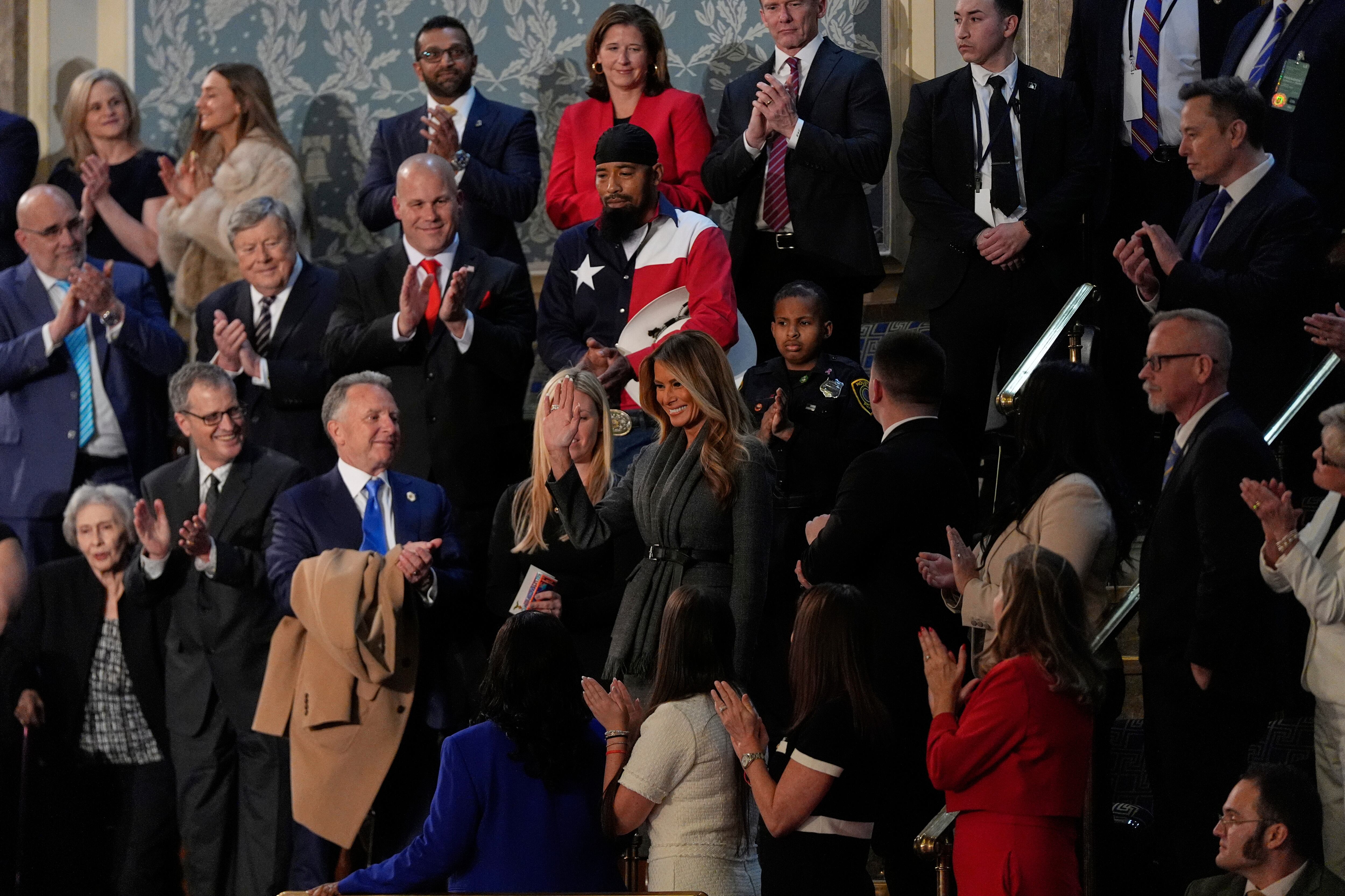 First lady Melania Trump arrives before President Donald Trump addresses a joint session of Congress in the House chamber at the U.S. Capitol in Washington, Tuesday, March 4, 2025. (AP Photo/Julia Demaree Nikhinson)