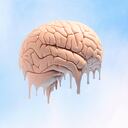 Side view of human brain model in mid air on blue sky background melting from the bottom