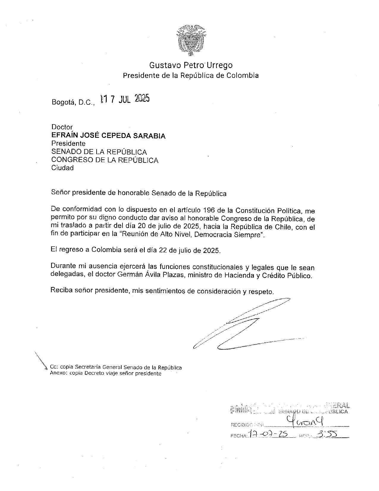 Carta del presidente Gustavo Petro al Senado sobre el viaje a Chile