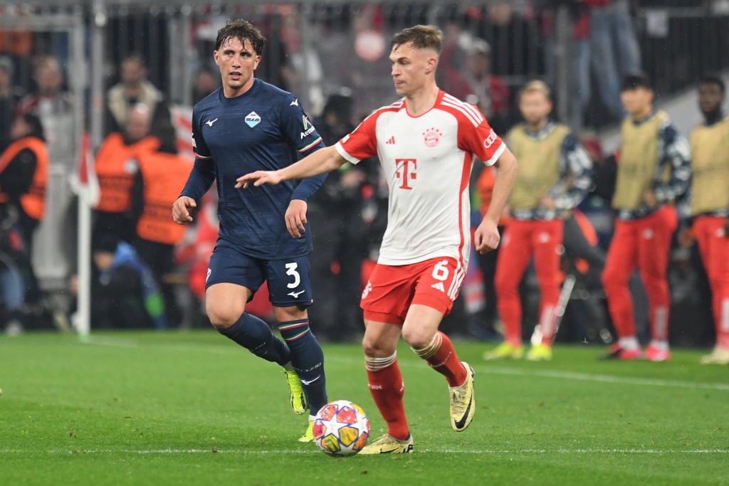 MUNICH, GERMANY - MARCH 5: Luca Pellegrini of SS Lazio and Joshua Kimmich of Bayern Muenchen dduring the UEFA Champions League 2023/24 round of 16 second leg match between FC Bayern München and SS Lazio at Allianz Arena on March 5, 2024 in Munich, Germany. (Photo by Franz Kirchmayr/SEPA.Media /Getty Images)