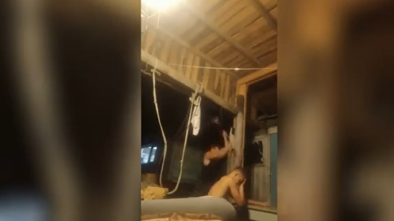 Momento en que un hombre con un mazo le parte el brazo a otro, para que evite ir a la guerra de Ucrania. Pantallazo de redes sociales de video compartido por@SchengenStory