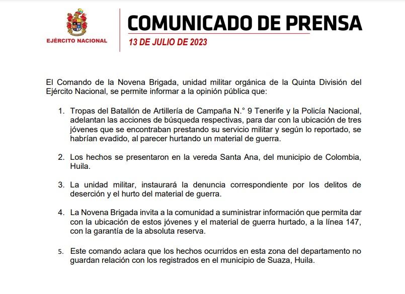 Tres soldados del Batallón Tenerife, en Huila, habrían desertado con importante material de guerra.