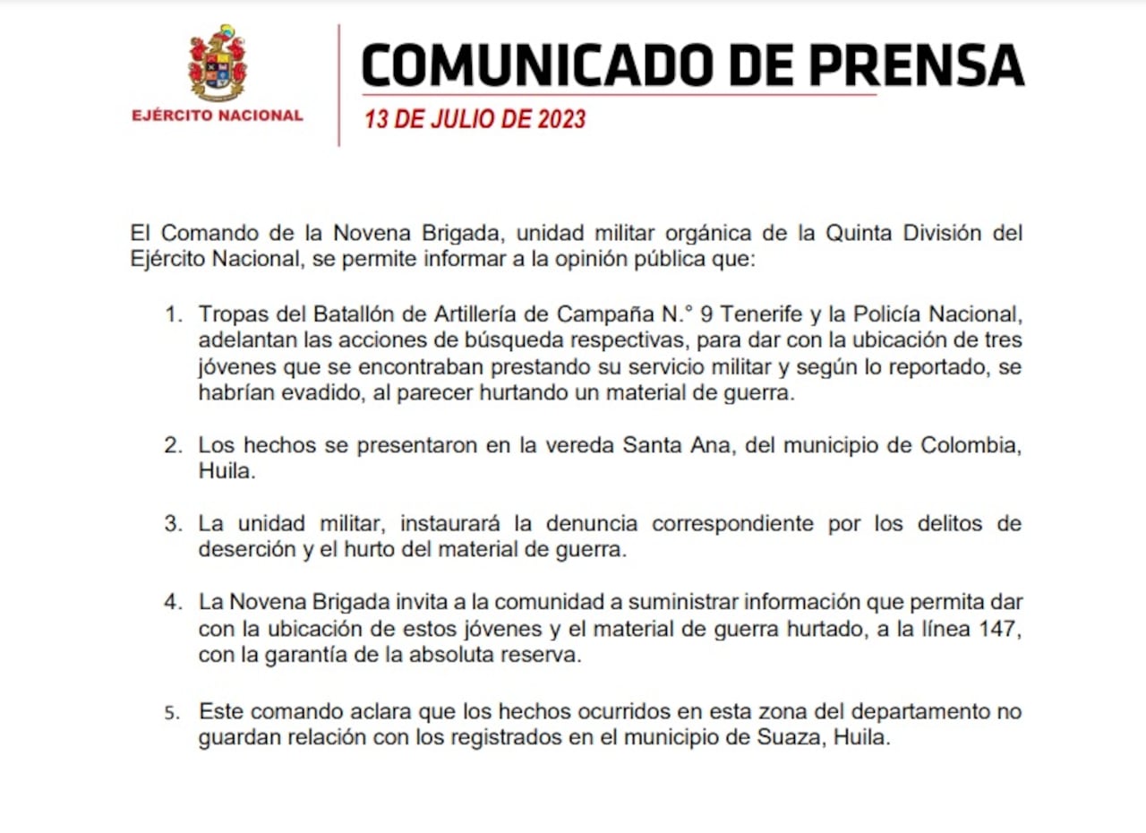Tres soldados del Batallón Tenerife, en Huila, habrían desertado con importante material de guerra.