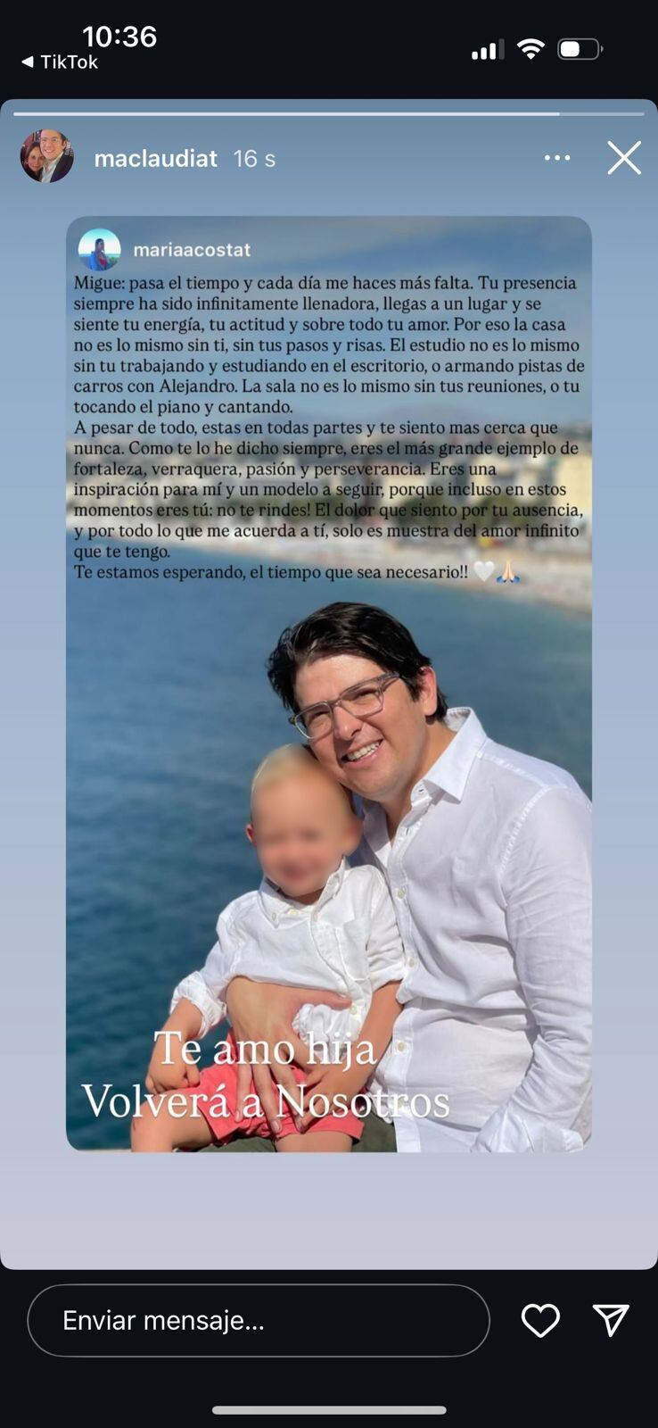 Hija de María Claudia Tarazona dedica sentido mensaje a Miguel Uribe Turbay.