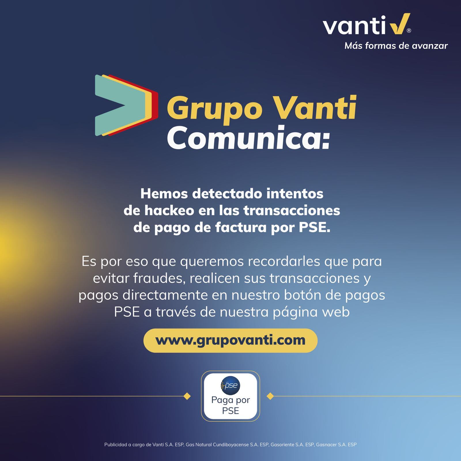Alerta de Vanti con el pago de la factura