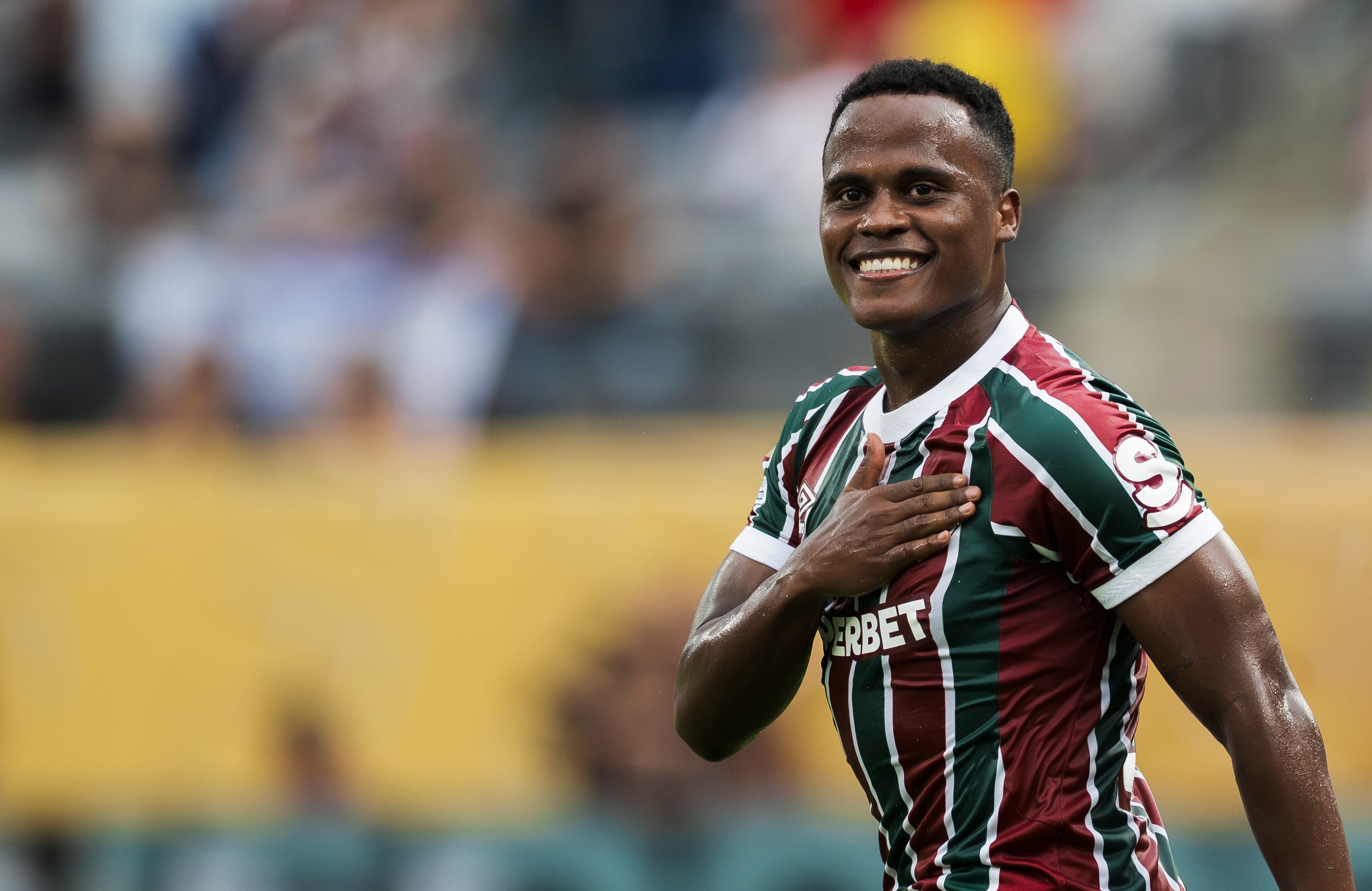 METLIFE STADIUM, EAST RUTHERFORD, NEW JERSEY, UNITED STATES - 2025/06/21: Jhon Arias of Fluminense FC celebrates after scoring the opening goal from a free kick during the FIFA Club World Cup football match between Fluminense FC and Ulsan HD FC. Fluminense FC won 4-2 over Ulsan HD FC. (Photo by Nicolò Campo/LightRocket via Getty Images)
